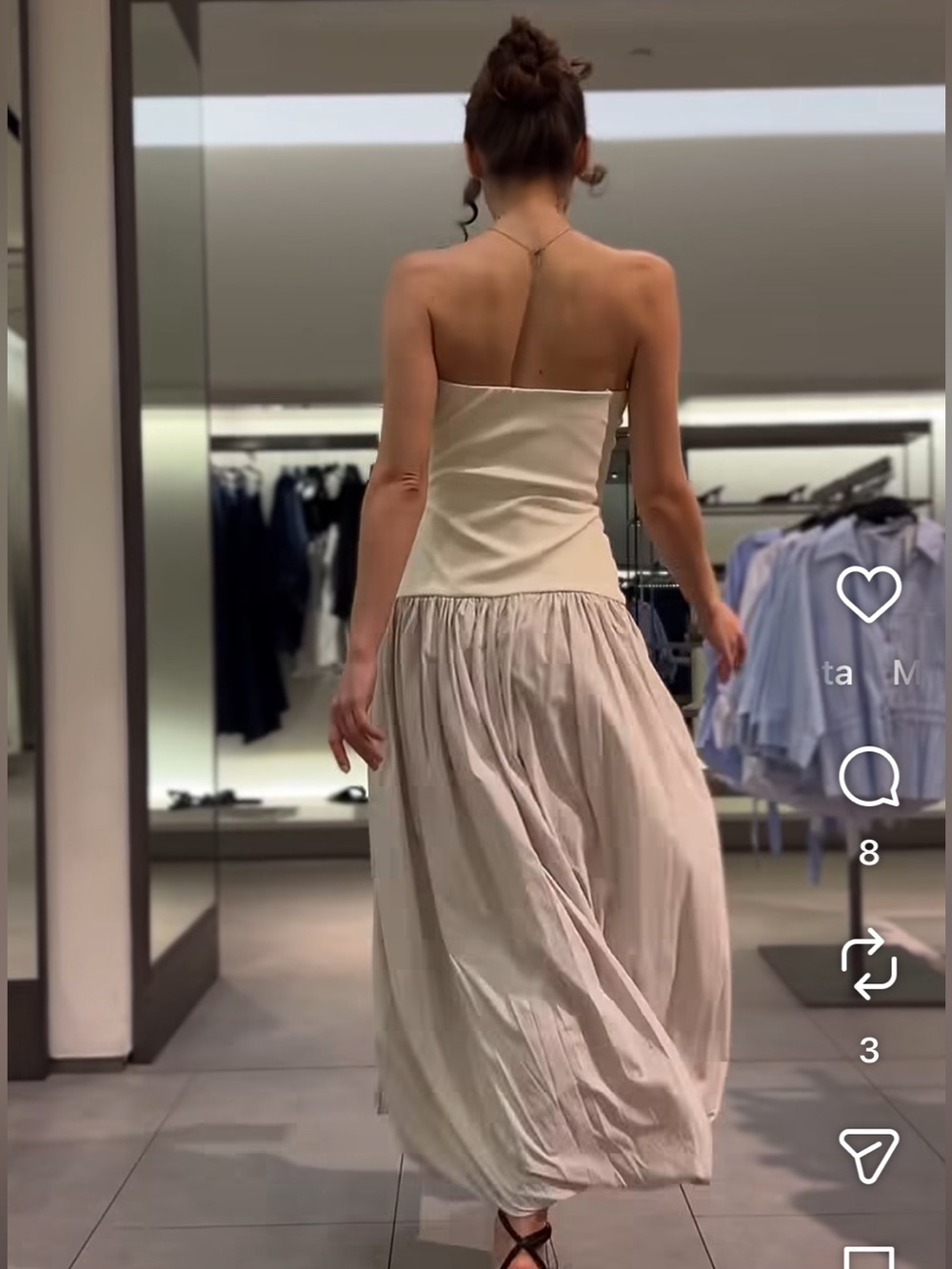 Strapless Cream Midi Dress with Gathered Skirt